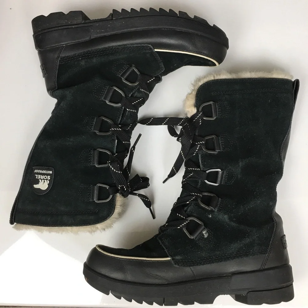 Sorel Tivoli Tall Waterproof Out Dry Boots Black Suede Faux Fur Lining Size 10.5 - Picture 14 of 16